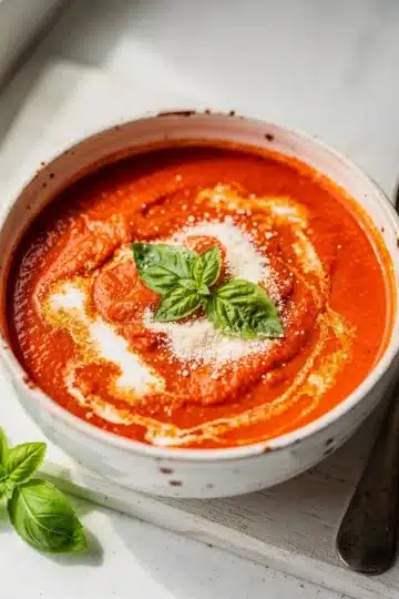 Creamy Tomato Basil Soup 13 Creamy tomato basil soup with fresh herbs in a rustic bowl