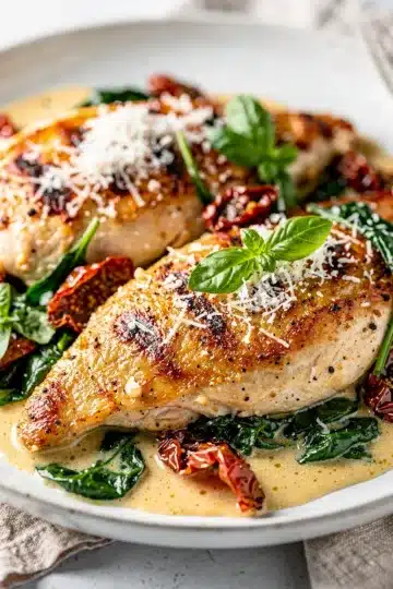 Creamy Tuscan Chicken 11 Creamy Tuscan chicken with sun dried tomatoes and spinach in glossy sauce