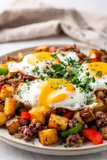 Crispy Corned Beef Hash Skillet 13 Crispy corned beef hash skillet topped with four sunny side up eggs.