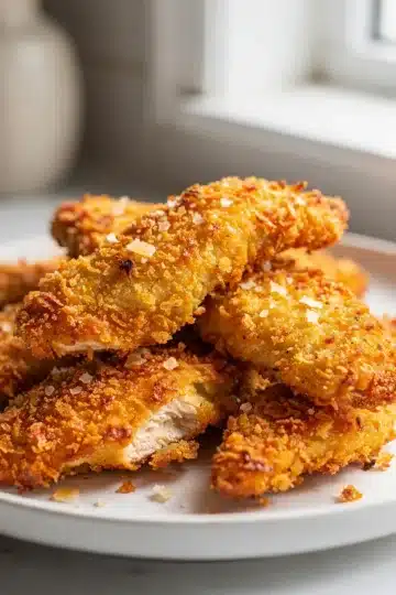 Crispy Oven Chicken Tenders 12 Crispy oven chicken tenders with honey mustard sauce on white plate.
