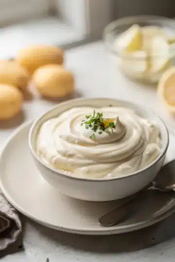 Best Homemade Mayonnaise Recipe for Potato Salad 11 Fresh homemade mayonnaise in a bowl with a whisk, lemon, and olive oil.