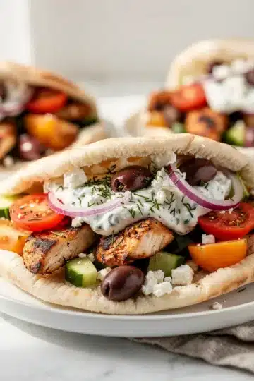Greek Chicken Pita Pockets 11 Greek chicken pita pockets with tzatziki and fresh vegetable toppings on a rustic table.