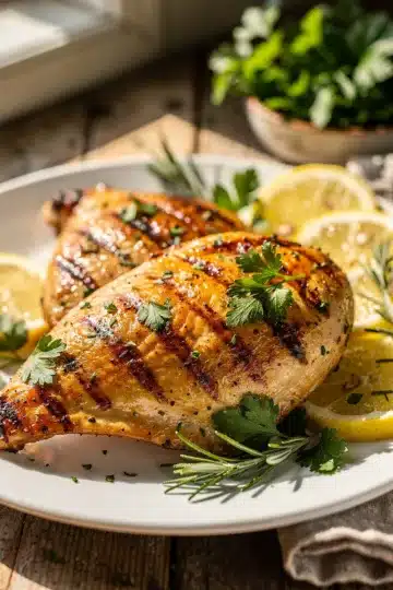 Grilled Lemon Herb Chicken 11 Grilled lemon herb chicken with juicy interior and vibrant fresh herbs.