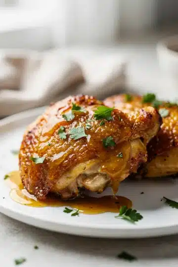 Baked Honey Mustard Chicken Thighs 11 Crispy baked honey mustard chicken thighs with a sticky golden glaze.