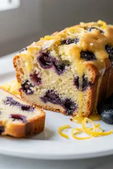 Lemon Blueberry Loaf Cake 14 Moist lemon blueberry loaf cake slice with tangy glaze and fresh blueberries