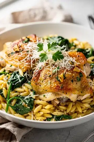Lemon Garlic Chicken Orzo 14 Creamy lemon garlic chicken orzo pasta recipe in a rustic kitchen setting.