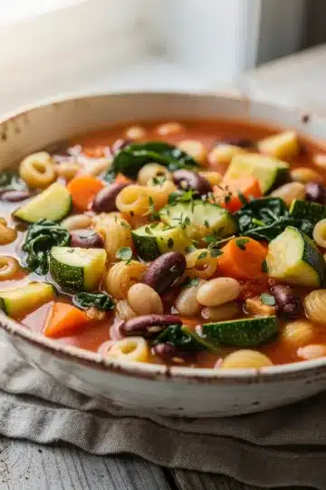 Minestrone Soup 11 Close up of vibrant homemade minestrone soup with creamy beans and glossy broth