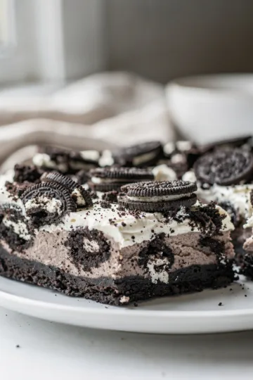 No Bake Oreo Cheesecake Bars 11 No bake Oreo cheesecake bars with creamy filling and crunchy cookie base.
