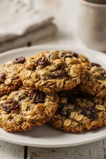 Oatmeal Raisin Cookies 11 Golden brown oatmeal raisin cookies with plump raisins on rustic table.