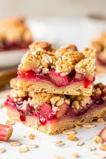 Rhubarb Crumble Bars 12 Rhubarb crumble bars feature a crispy oat topping and glossy fruit filling.