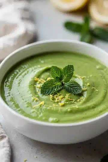 Spring Pea Soup 11 Bright green spring pea soup recipe with mint and lemon garnish in bowl