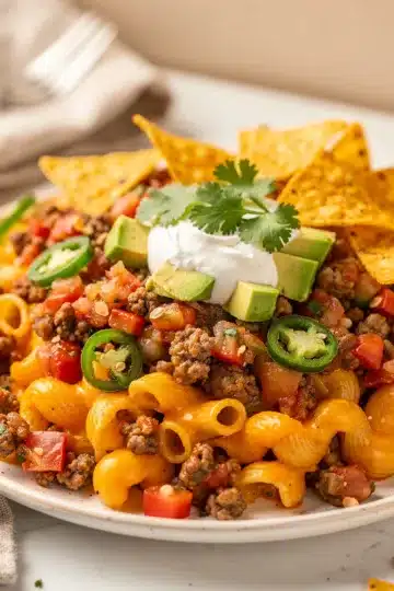 Taco Pasta Skillet 13 Creamy taco pasta skillet with ground beef, salsa, and melted cheese.