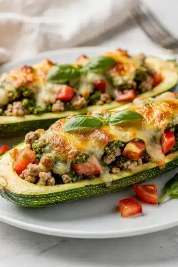 Turkey Pesto Zucchini Boats 11 Healthy zucchini boats stuffed with savory turkey and vibrant pesto cheese filling.