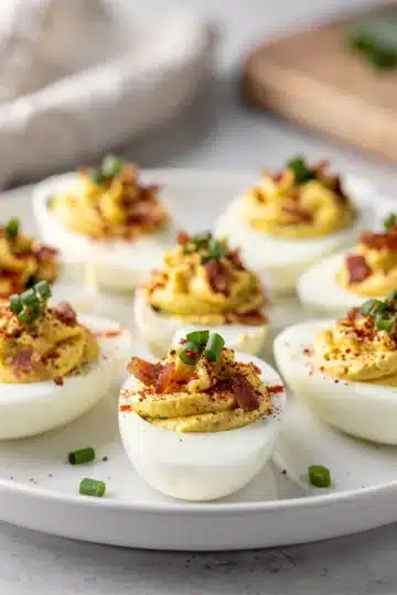 Party Bacon Ranch Deviled Eggs 12 Party Bacon Ranch Deviled Eggs with crispy bacon and fresh chive garnish