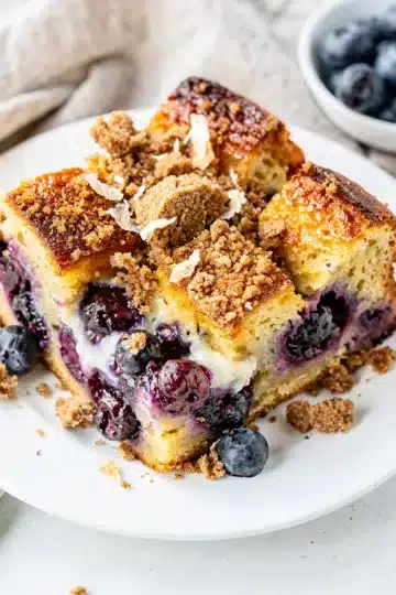 Baked Blueberry Cream Cheese French Toast Bake 13 Baked blueberry cream cheese French toast bake with golden crumb topping