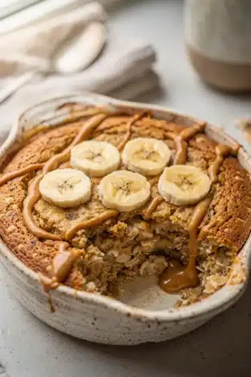 Baked Peanut Butter Banana Overnight Oats 3 Baked peanut butter banana overnight oats with honey and cinnamon in ramekin.