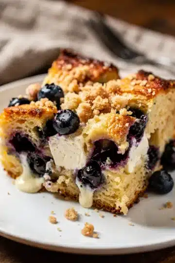 Make Ahead Blueberry Cream Cheese French Toast Bake 12 Make ahead blueberry cream cheese French toast bake with powdered sugar.