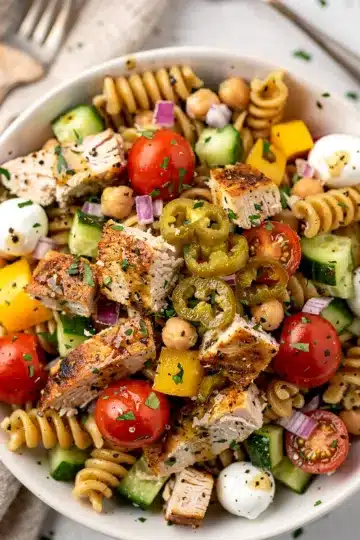 Chopped High Protein Italian Pasta Salad 12 High protein Italian pasta salad with chicken and fresh vegetables in a bowl.
