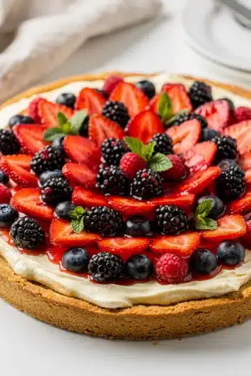 Classic Berry Cheesecake Fruit Pizza 11 Classic berry cheesecake fruit pizza slice with fresh fruit and cream cheese