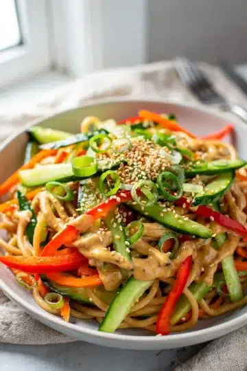 Cold Sesame Noodle Salad 11 Cold sesame noodle salad with creamy tahini dressing and fresh vegetables