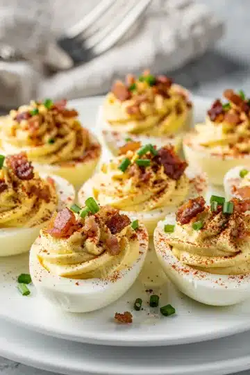 Creamy Bacon Ranch Deviled Eggs 13 Creamy bacon ranch deviled eggs recipe with crispy bacon and chive garnish