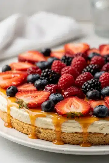 Creamy Berry Cheesecake Fruit Pizza 12 Creamy berry cheesecake fruit pizza on a soft sugar cookie crust