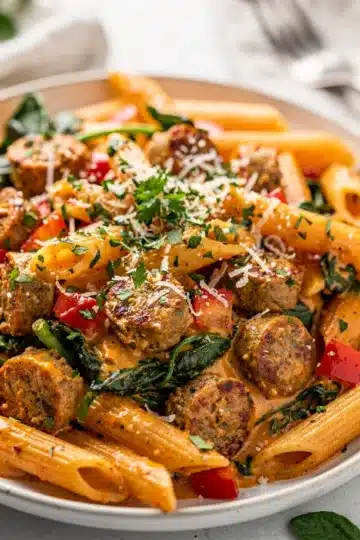 Homestyle Creamy Cajun Sausage Pasta 2 Creamy Cajun sausage pasta with penne, andouille, bell peppers, and spinach.