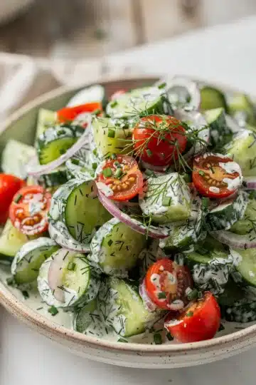 Chopped Creamy Cucumber Dill Salad 11 Creamy cucumber dill salad with tomatoes and red onion in a bowl.