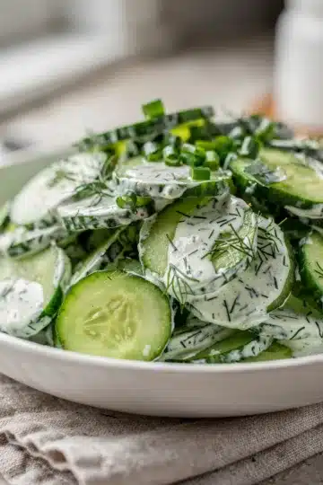 Easy Creamy Cucumber Dill Salad 12 Creamy cucumber dill salad with red onion in a white ceramic bowl