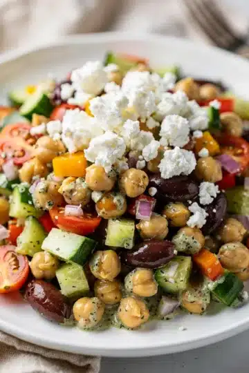 Creamy Mediterranean Chickpea Salad 13 Creamy Mediterranean chickpea salad with crisp vegetables and glossy dill dressing