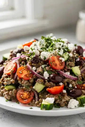 Creamy Mediterranean Lentil Salad 11 Creamy Mediterranean lentil salad with feta olives and fresh vegetables in bowl
