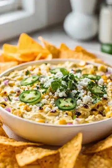Creamy Mexican Street Corn Dip 14 Creamy Mexican street corn dip with cotija cheese and tortilla chips.