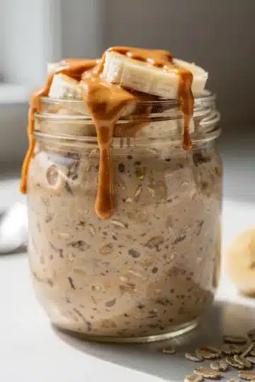 Easy Peanut Butter Banana Overnight Oats 13 Creamy peanut butter banana overnight oats recipe in a close up view