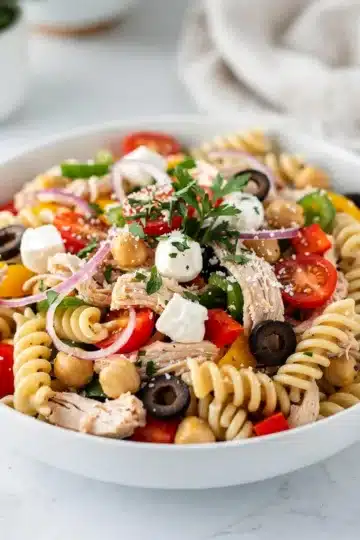 Creamy High Protein Italian Pasta Salad 14 Creamy high protein Italian pasta salad with chicken and fresh vegetables.