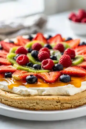 Creamy Sugar Cookie Fruit Pizza 13 Creamy sugar cookie fruit pizza with fresh berries and kiwi slices.