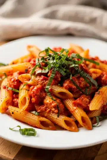One Pot Creamy Tomato Basil Pasta 11 Creamy tomato basil pasta with penne in a glossy sauce and fresh basil.
