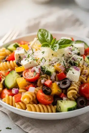 Crisp Italian Pasta Salad 14 Colorful crisp Italian pasta salad with fresh vegetables and creamy mozzarella cheese.
