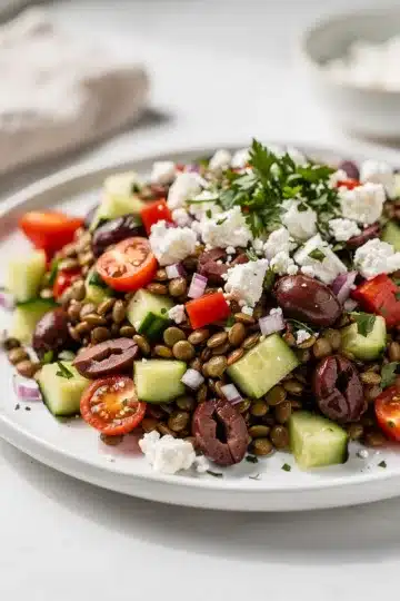 Crisp Mediterranean Lentil Salad 11 Crisp Mediterranean lentil salad with fresh vegetables and feta cheese