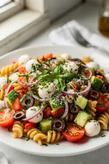 Fresh Italian Pasta Salad 11 Colorful Italian pasta salad with rotini, fresh vegetables, and mozzarella cheese.