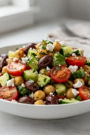 Fresh Mediterranean Chickpea Salad 14 Fresh Mediterranean chickpea salad with feta tomatoes olives and lemon dressing