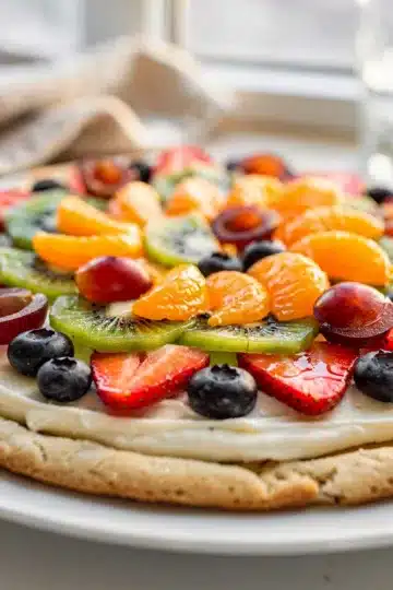 Easy Sugar Cookie Fruit Pizza 11 Easy sugar cookie fruit pizza with cream cheese frosting and fresh colorful berries