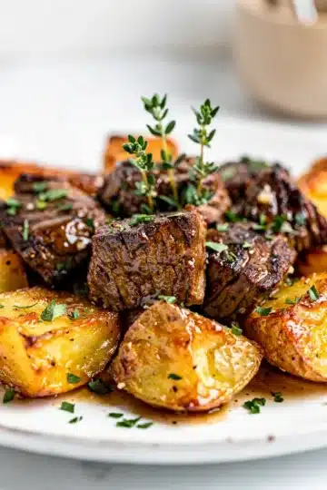 Homestyle Garlic Butter Steak Bites and Potatoes 7 Homestyle garlic butter steak bites and crispy potatoes on a rustic wooden board.