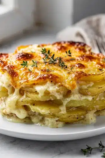 Homestyle Garlic Parmesan Scalloped Potatoes 11 Creamy golden brown garlic parmesan scalloped potatoes in rustic ceramic dish