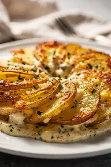 Easy Garlic Parmesan Scalloped Potatoes 11 Creamy garlic parmesan scalloped potatoes with a crispy golden brown cheese topping.