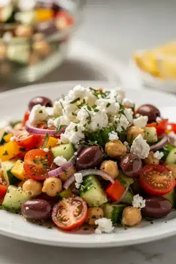 Greek Chickpea Cucumber Salad 11 Greek chickpea cucumber salad with feta olives and fresh dill