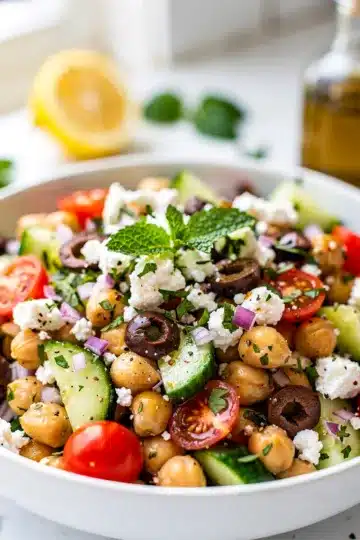 Easy Mediterranean Chickpea Salad 12 Easy Mediterranean chickpea salad with feta olives and fresh herbs in bowl