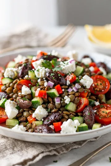 Chopped Mediterranean Lentil Salad 12 Colorful chopped Mediterranean lentil salad in a white bowl with feta cheese