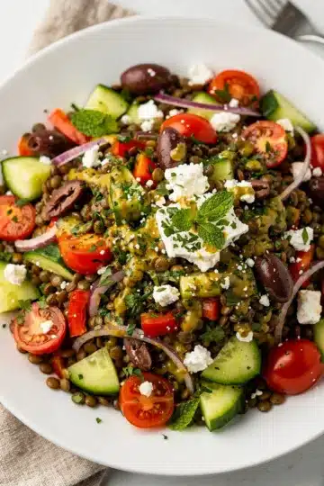 Fresh Mediterranean Lentil Salad 11 Fresh Mediterranean lentil salad with creamy feta and glossy olives close up