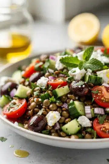 Easy Mediterranean Lentil Salad 11 Easy Mediterranean lentil salad with fresh vegetables and crumbled feta cheese