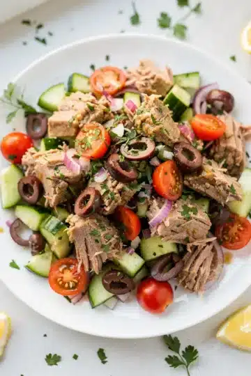 Mediterranean Tuna Salad 11 Close up of vibrant Mediterranean tuna salad with creamy dressing and fresh vegetables